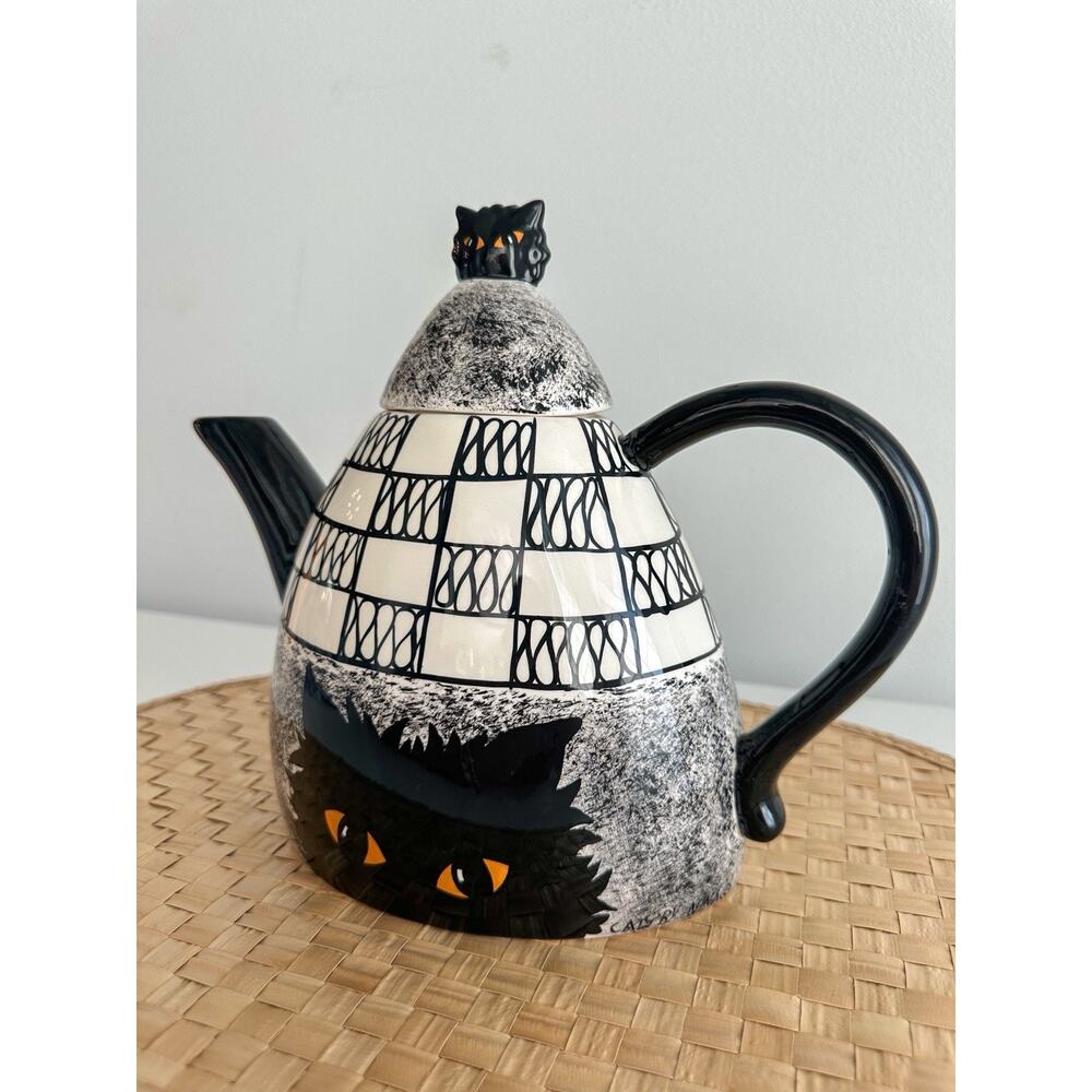 Cats by Nina Lyman black cat coffee teapot 9 in Amber eyes B&W‎ design Complete - Picture 2 of 16